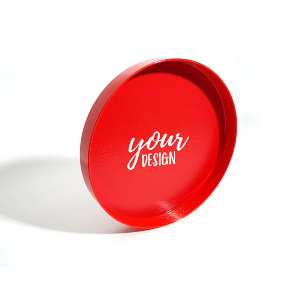 A round, bright red plastic non-slip tray with a customisable design space and a glossy finish. A round, bright red plastic non-slip tray with a customisable design space and a glossy finish.