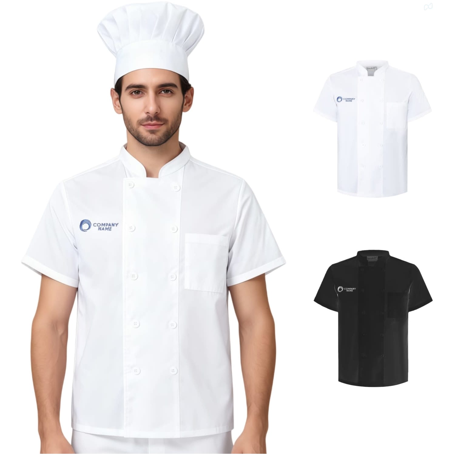 A chef wearing a white double-breasted jacket and hat, with black and white jacket options displayed beside him. Classic Short Sleeves Double Breasted Chef Jacket - Image 1