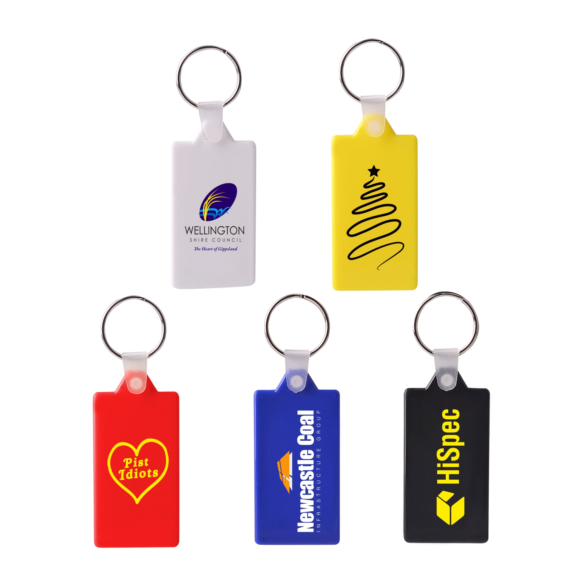 A collection of rectangular hard plastic keyrings in white, yellow, red, blue, and black, featuring various logos. Rectangular Hard Plastic Keyring - Image 1