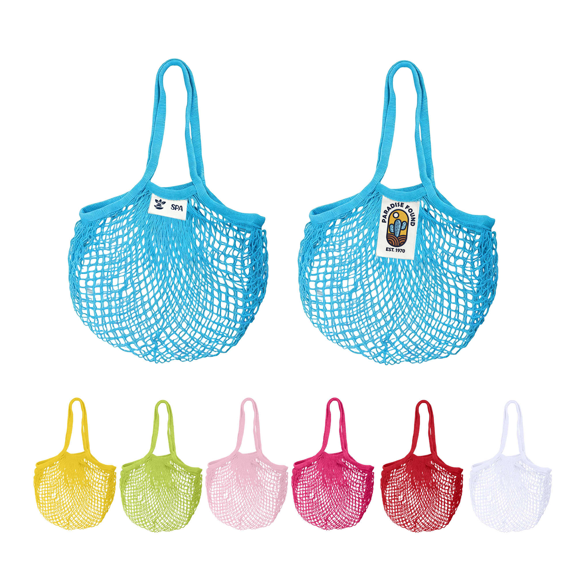 Two mesh grocery bags in blue, with a logo, alongside bags in yellow, pink, red, and white. Mesh Grocery Bag - Image 1