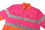 A vibrant pink Hawaiian shirt featuring orange detailing and reflective stripes, with two front pockets and a collar.