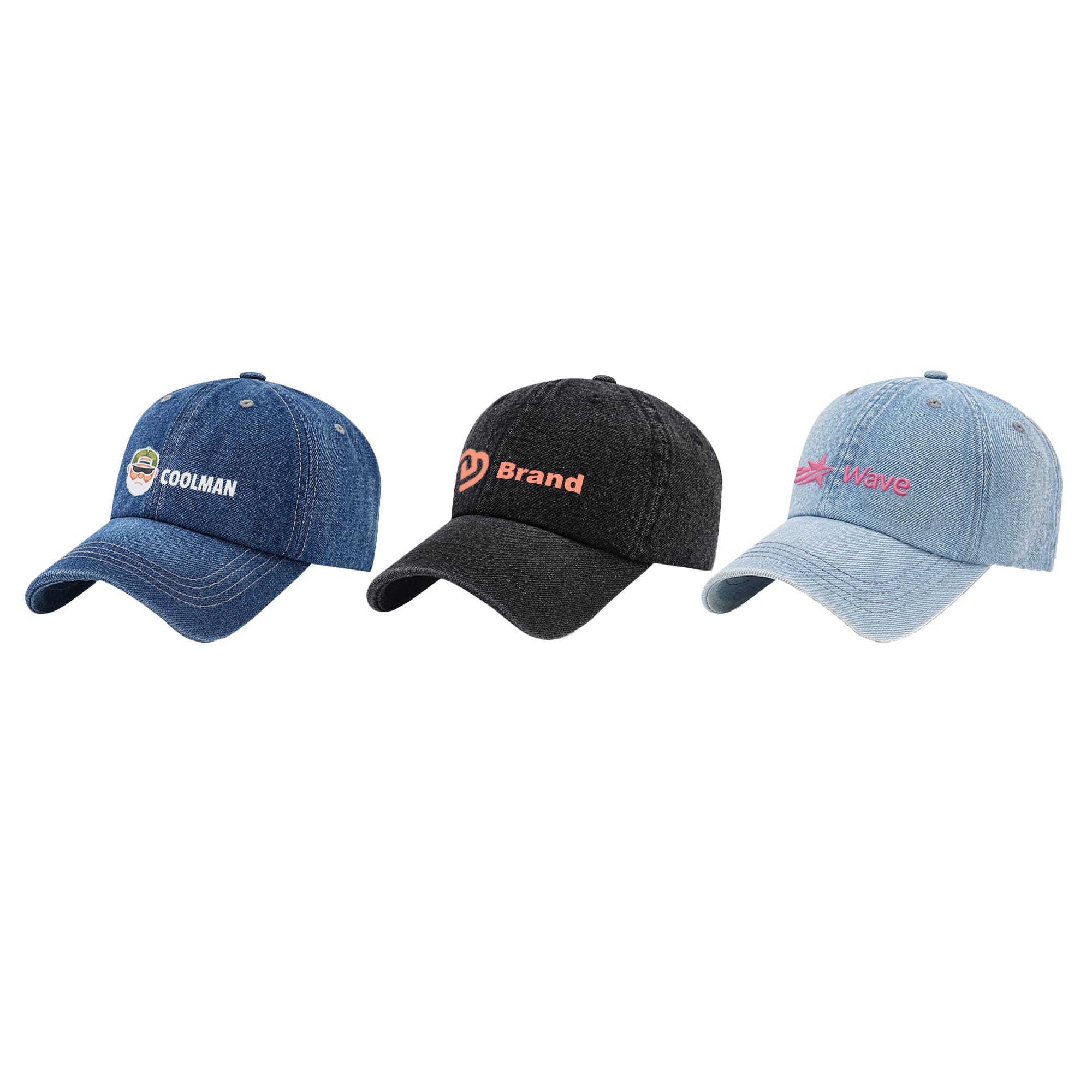 Three denim baseball caps in blue, black, and light blue, each featuring a logo on the front. 6 Panel Denim Baseball Cap - Image 1