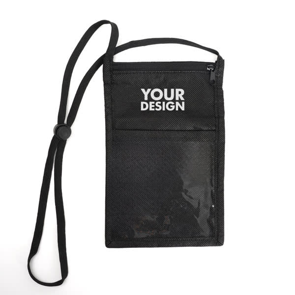 A black neck pouch with a cord and a zippered compartment, featuring a transparent front for custom design. A black neck pouch with a cord and a zippered compartment, featuring a transparent front for custom design.