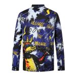 A colourful sports jumper featuring a vibrant design with blues, blacks, and yellows, and a logo on the back.