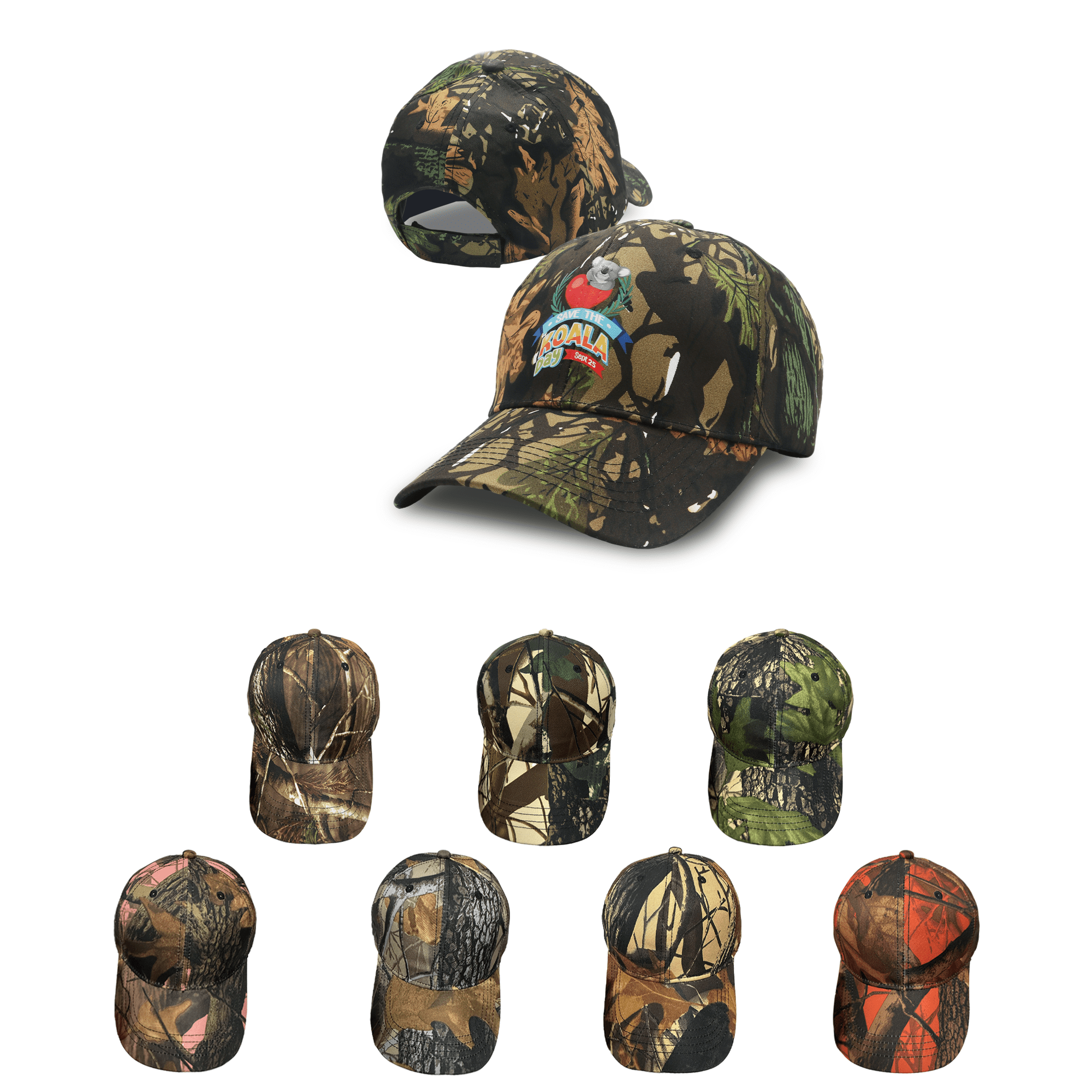 A 6 panel cap in True Timber camouflage featuring various camouflage patterns and a logo. 6 Panel True Timber Camouflage Cap - Image 1