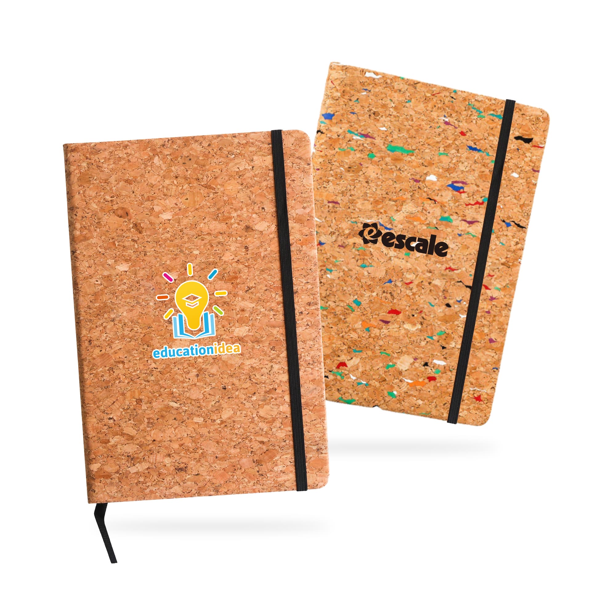 A5 cork notebook featuring a textured cork exterior, black elastic closure, and visible logos on the covers. A5 cork notebook - Image 1