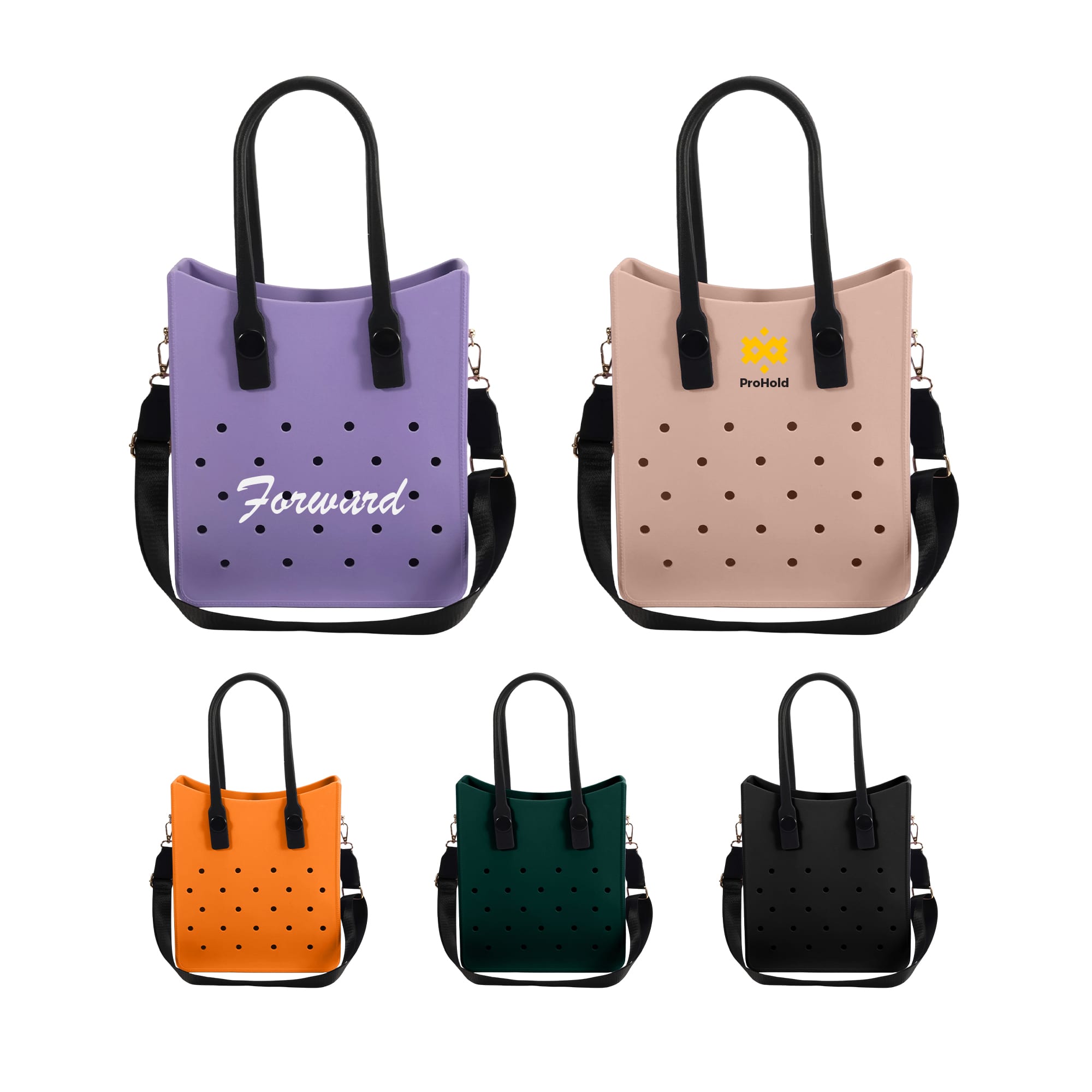 A collection of EVA Holes Tote Bags in lavender, blush, orange, dark green, and black, featuring black handles and branding. EVA Holes Tote Bag - Image 1