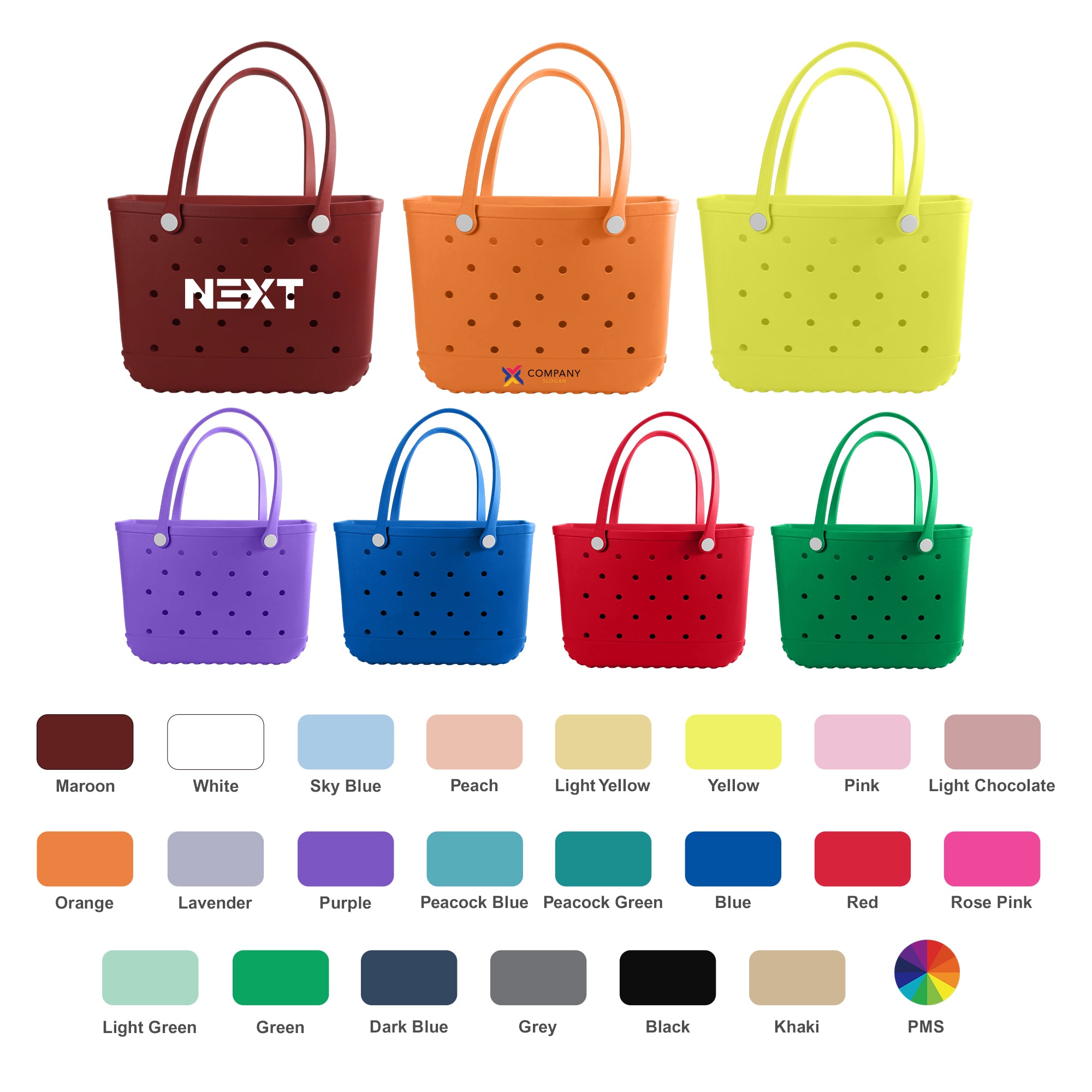 EVA Holes Beach Bags in various colours: maroon, white, sky blue, peach, light yellow, orange, lavender, purple, and green. EVA Holes Beach Bag - Image 1