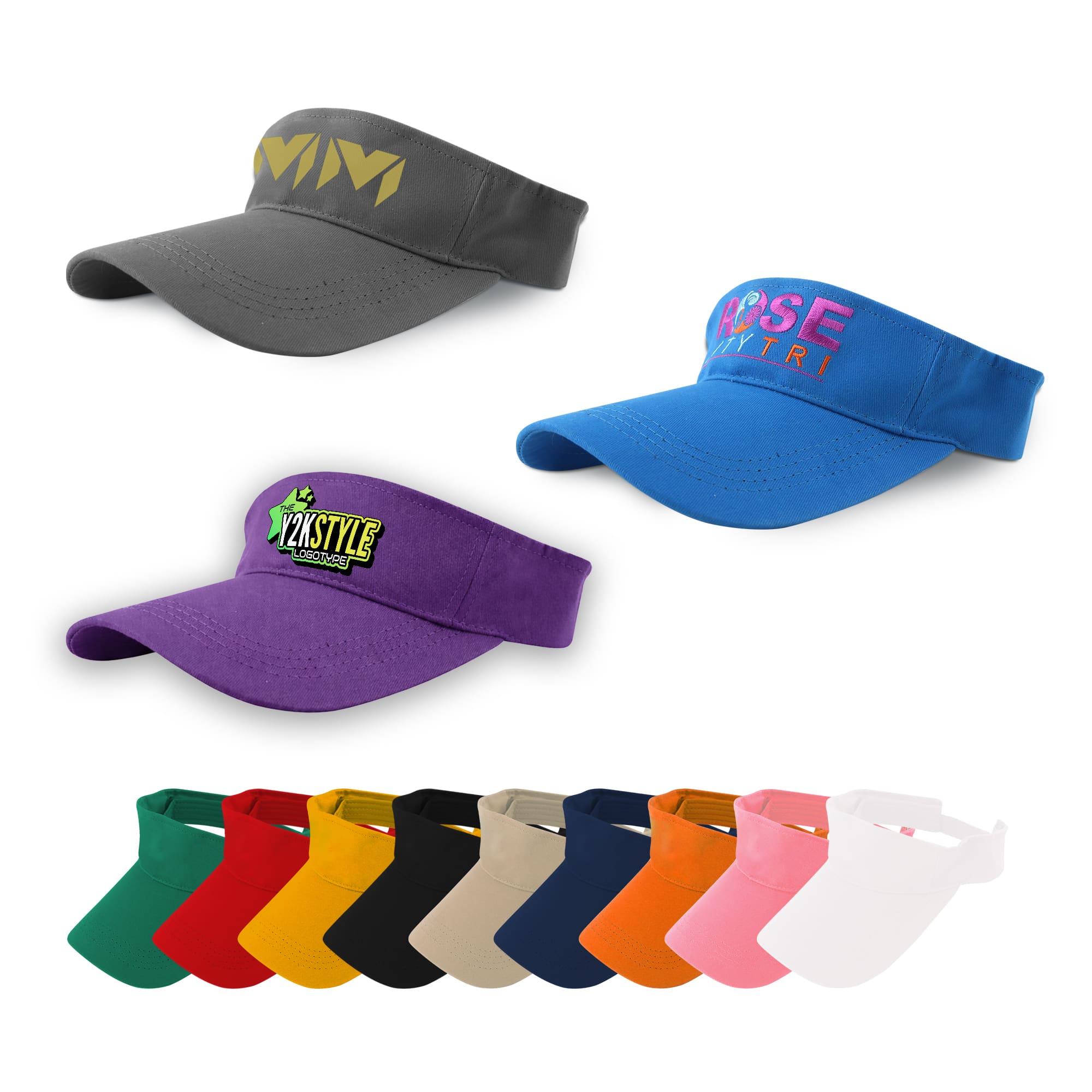 A collection of sport visors in various colours, including grey, purple, and more, featuring logos on some. Sport Visor - Image 1