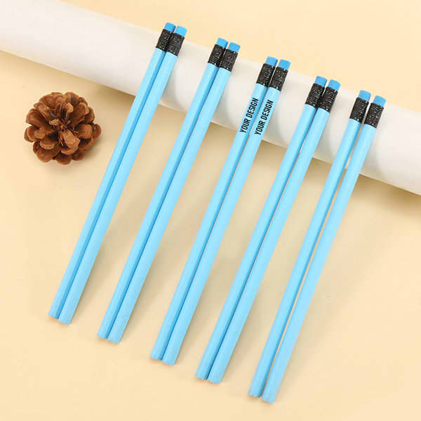 A set of seven custom wooden pencils with erasers, featuring a light blue colour and black tips. A set of seven custom wooden pencils with erasers, featuring a light blue colour and black tips.