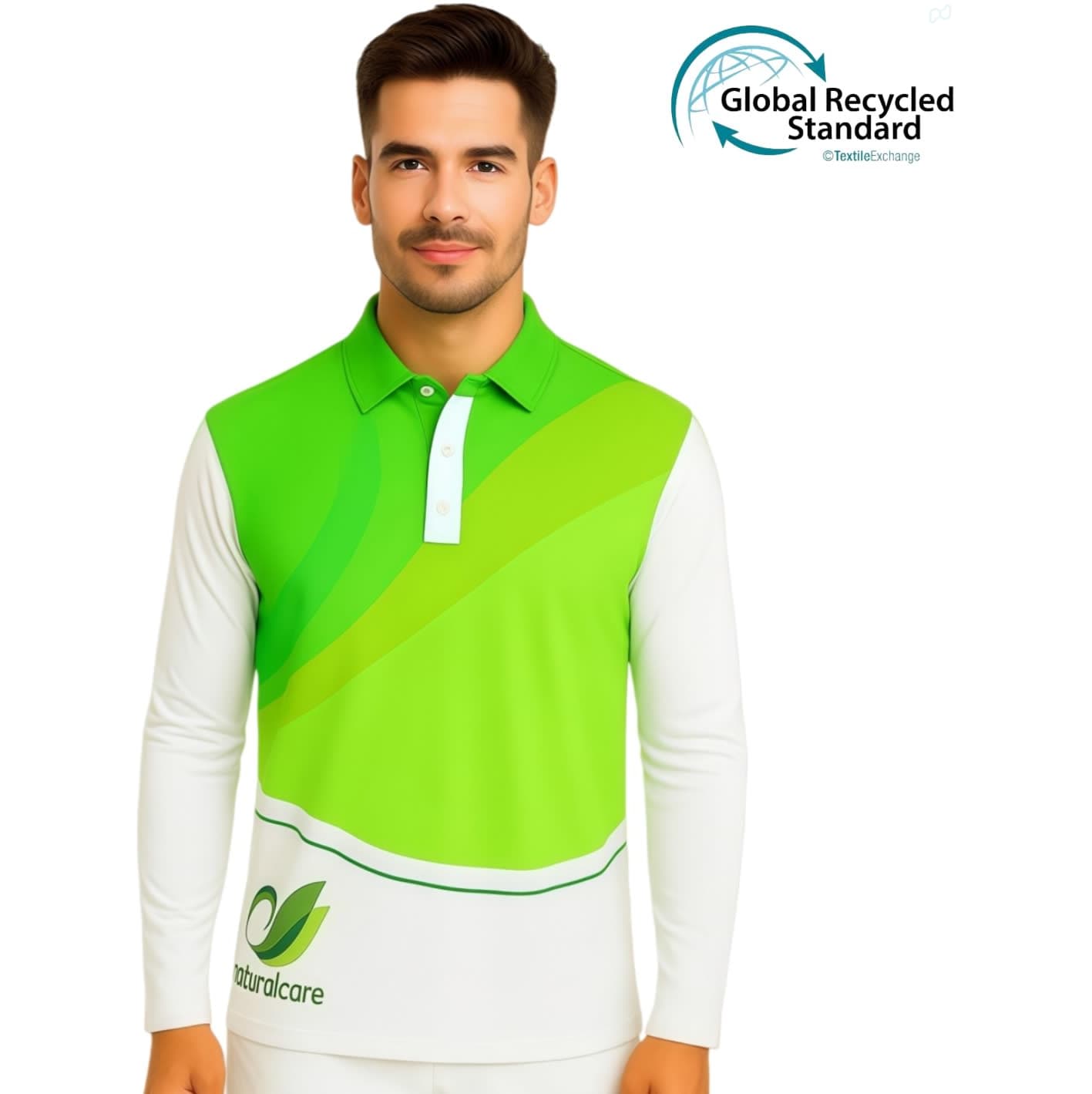 A long-sleeved polo shirt in green and white, featuring a logo and a recycled materials standard badge. Unisex Adults RPET Micro Mesh Sublimated Basic Long Sleeves POLO - Image 1