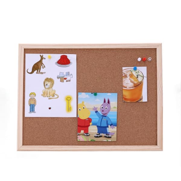 A framed cork board in natural wood featuring colourful images and notes pinned with drawing pins. A framed cork board in natural wood featuring colourful images and notes pinned with drawing pins.