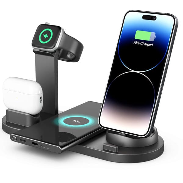 A black 4-in-1 wireless charging stand, designed for a smartphone, smartwatch, and earbuds, with a logo. A black 4-in-1 wireless charging stand, designed for a smartphone, smartwatch, and earbuds, with a logo.