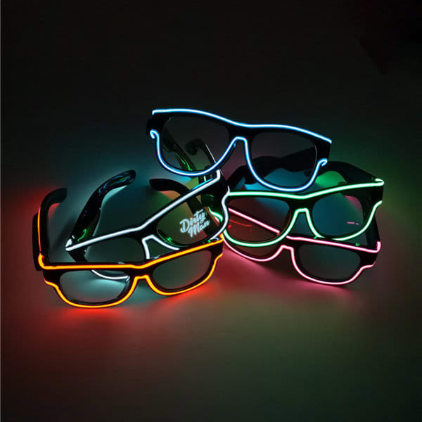 A set of LED glowing glasses in various colours, featuring a mix of neon blue, pink, green, and orange trims. A set of LED glowing glasses in various colours, featuring a mix of neon blue, pink, green, and orange trims.