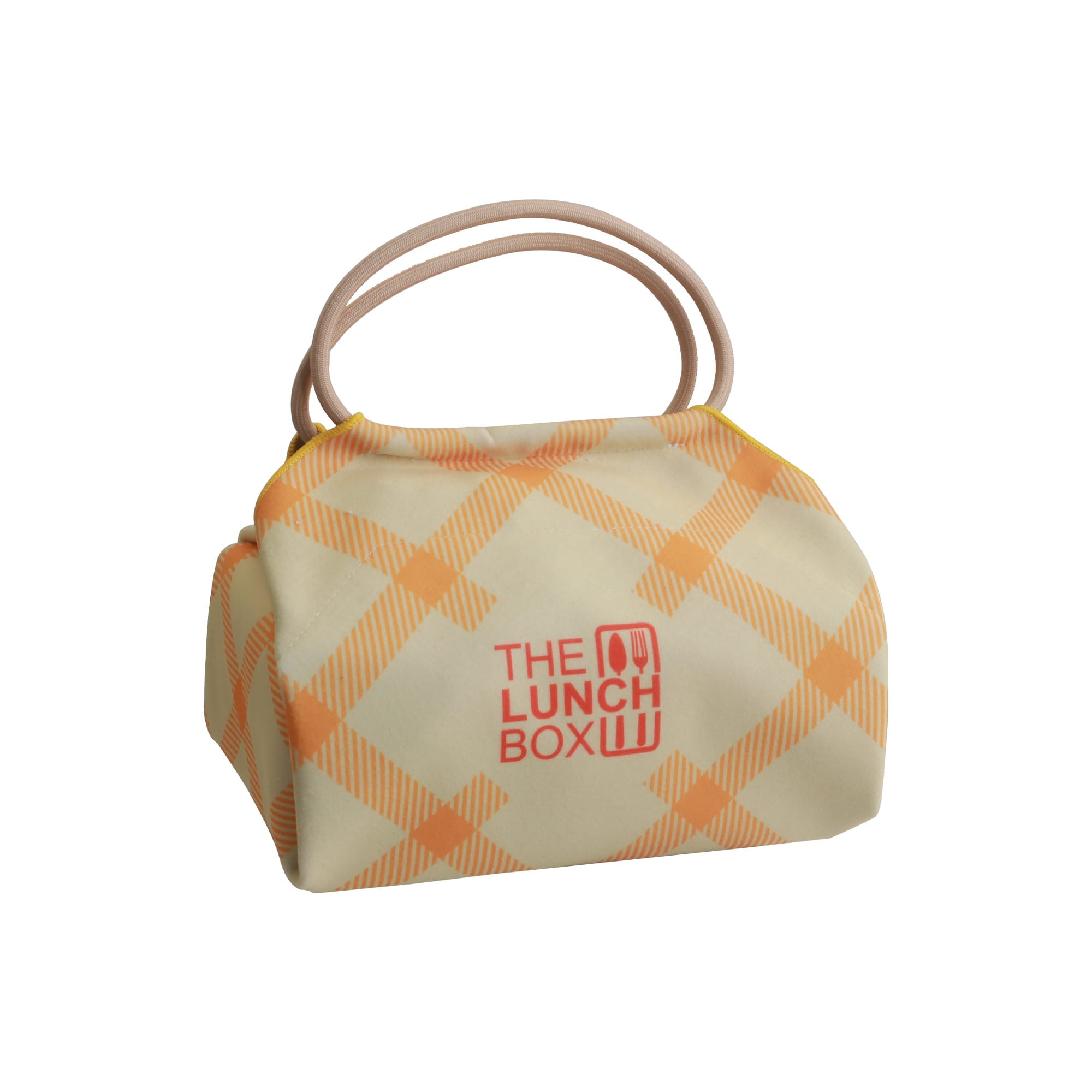 A patterned lunch box bag in cream and orange with two handles, featuring a logo on the front. Magic Cloth Lunch Box Bag - Image 1