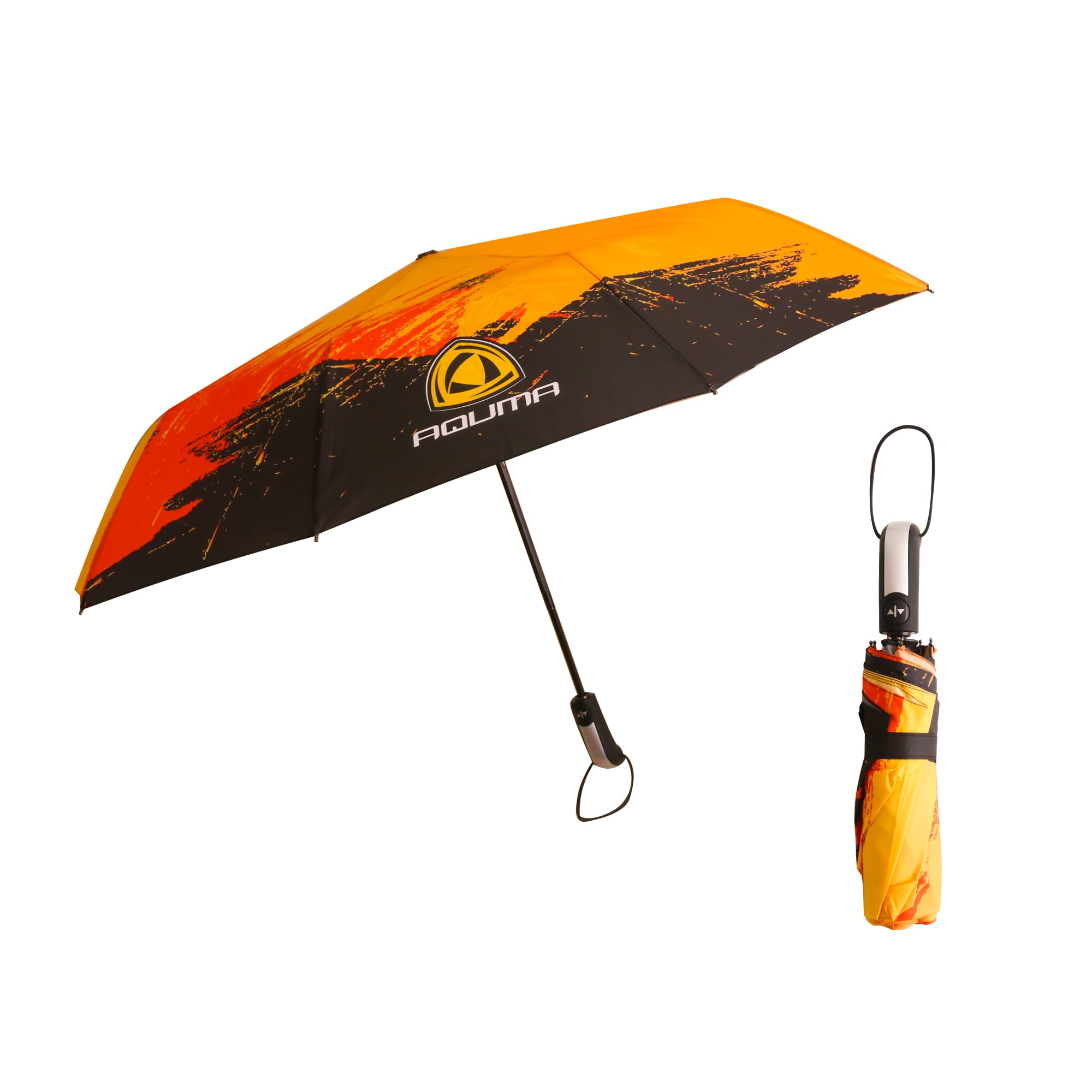 A folding ten-panel umbrella featuring a vibrant orange and black design, with a logo and a compact, matching case. Folding Ten-Panel Digital Print Umbrella - Image 1