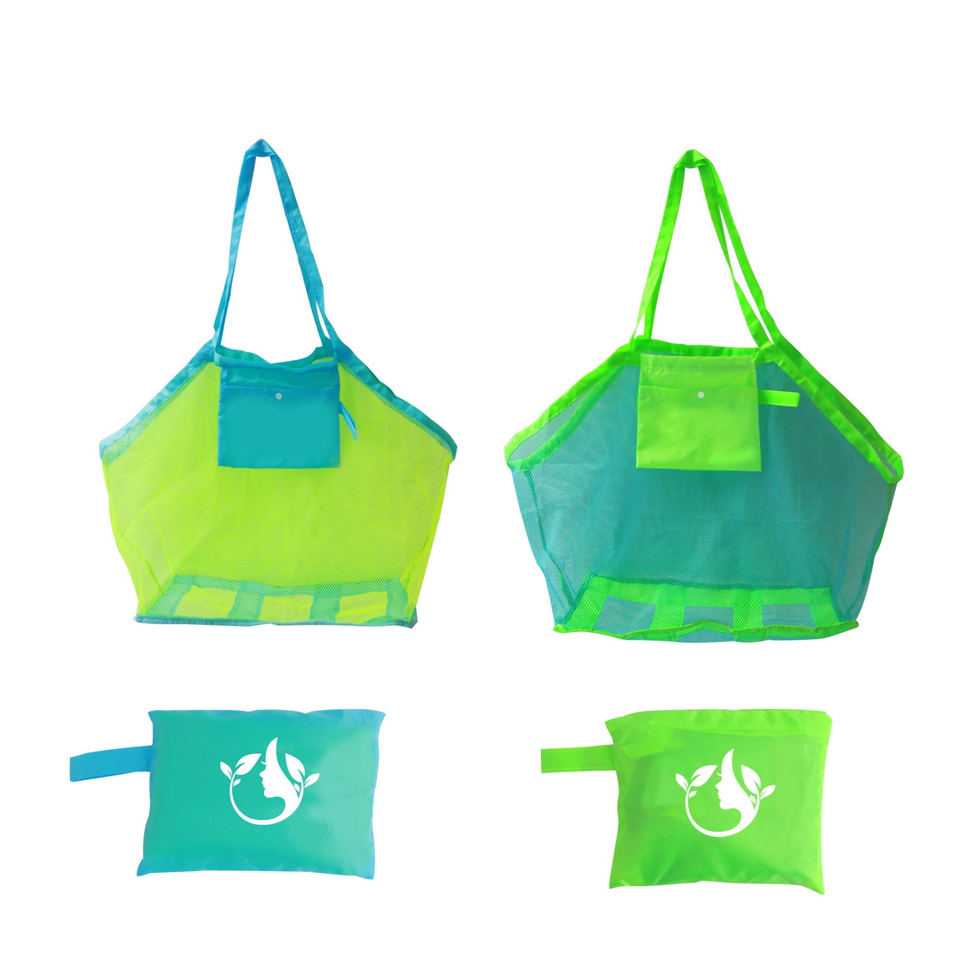 A green and yellow mesh beach toy bag with a small pocket, featuring a branding logo. Includes a compact pouch for storage. Mesh Beach Toy Bag - Image 1
