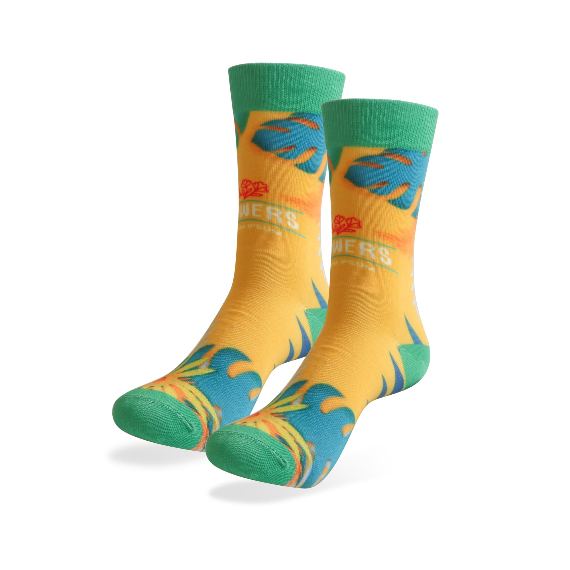 Vibrant yellow socks with green accents, featuring a tropical design and a logo. Ideal for casual wear. Crew Regular Digital Printed Socks - Image 1