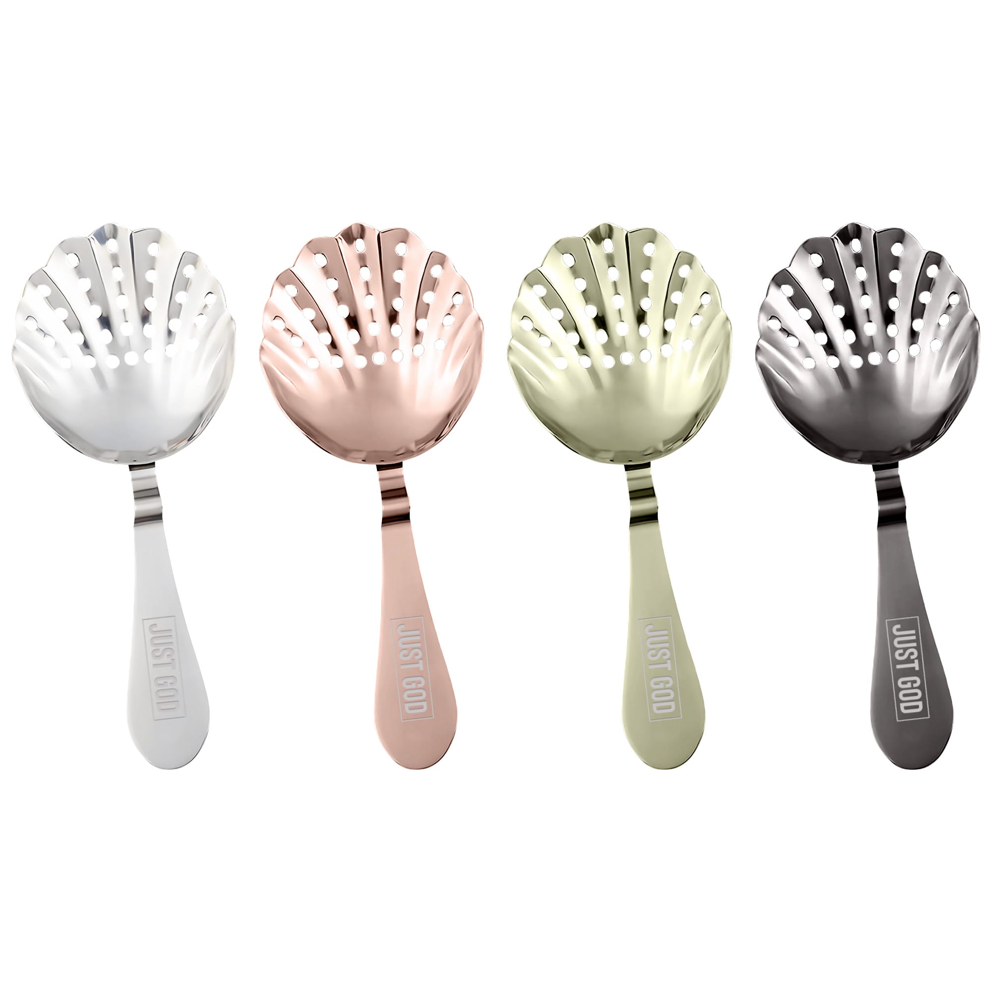 A set of four bar strainers in silver, rose gold, green, and black, featuring a logo on each handle. Bar Strainer - Image 1