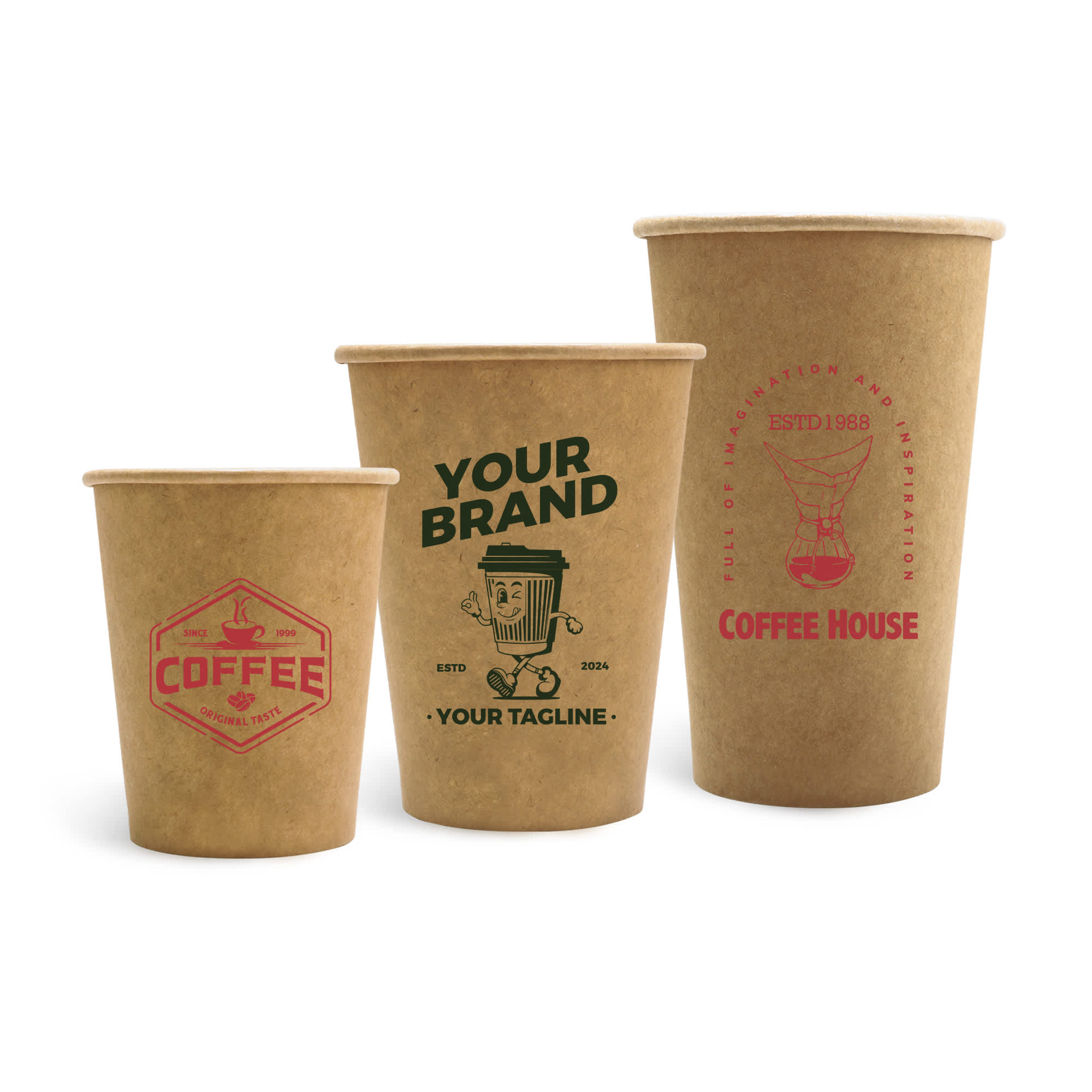 Three brown kraft paper cups in various sizes, featuring logos and designs in red and green. Home Compostable Aqueous Single Wall Kraft Paper Cups - Image 1