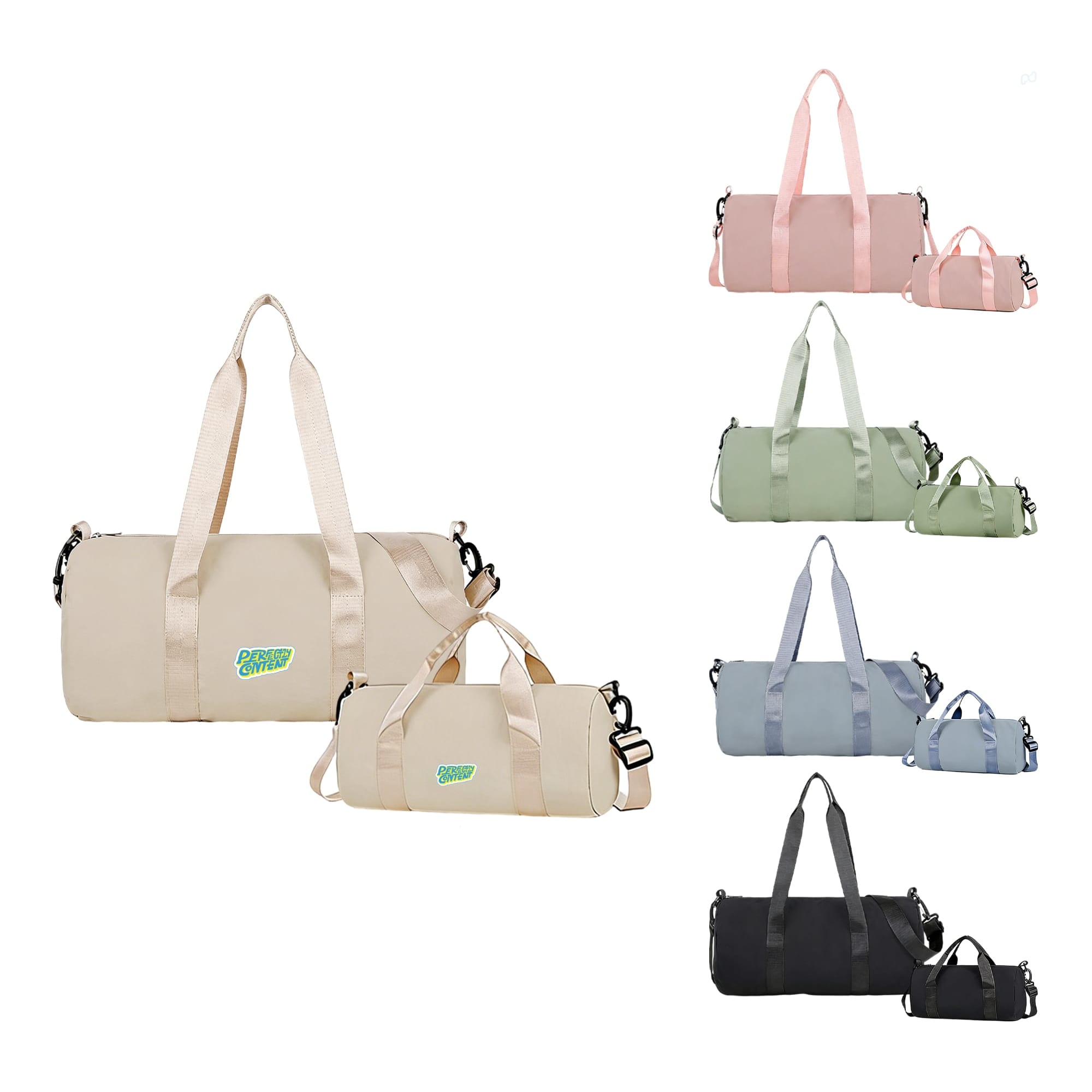 A range of bucket duffle bags in beige, pink, green, grey, and black with wide straps and a logo. Bucket Duffle Bag With Wide Straps - Image 1