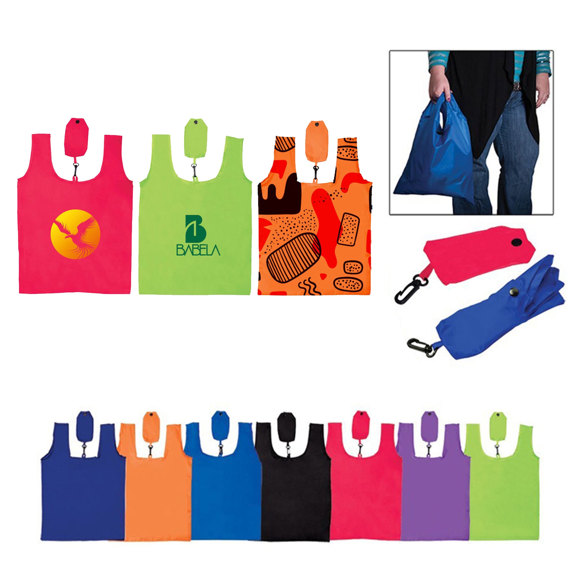 A collection of foldable shopping tote bags in various colours, featuring one with a logo and compact storage pouches. Compact Foldable Shopping Tote Bag - Image 1