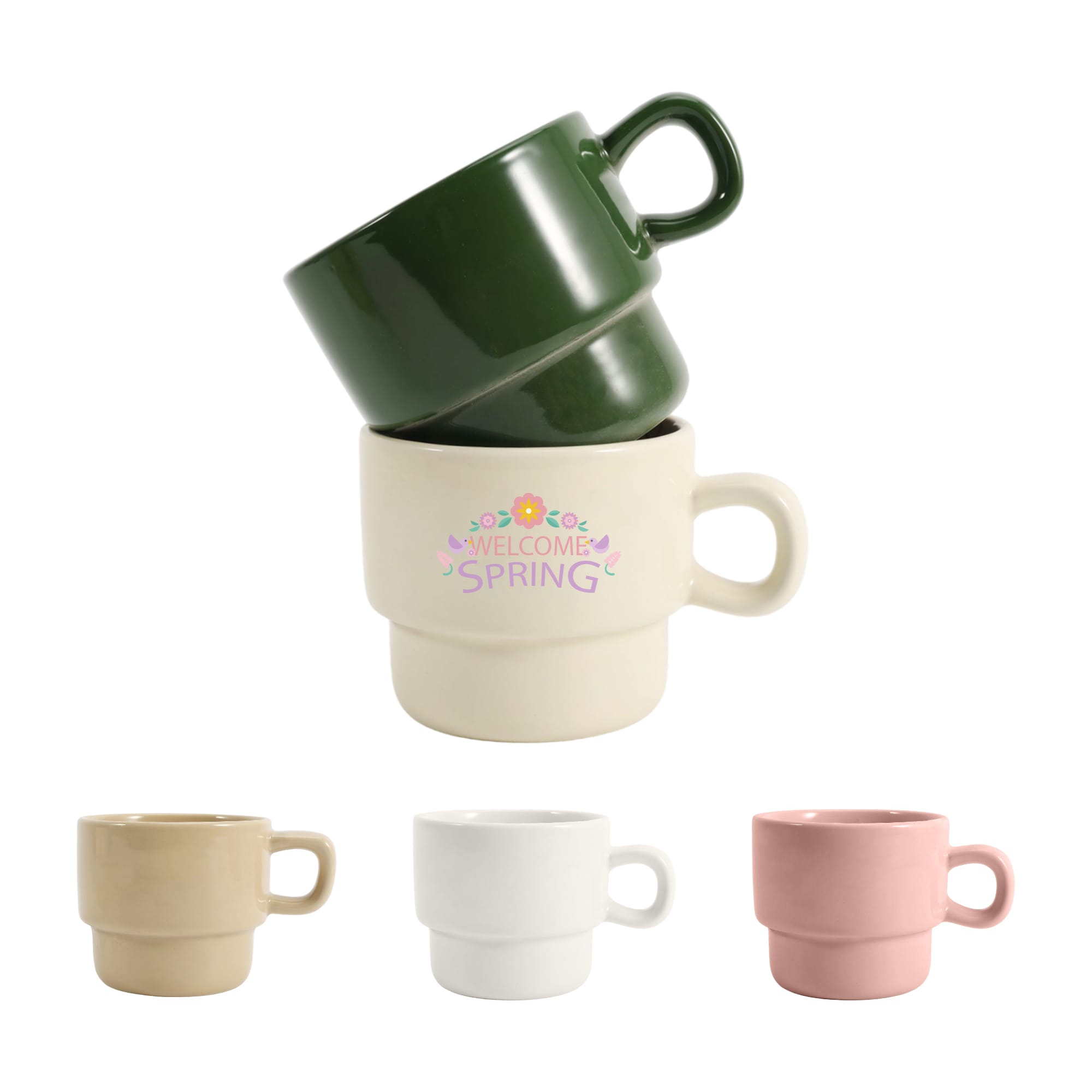 Stackable ceramic mugs in green, beige, white, and pink, featuring a decorative design on one mug and a logo. Stackable Ceramic Mug - Image 1