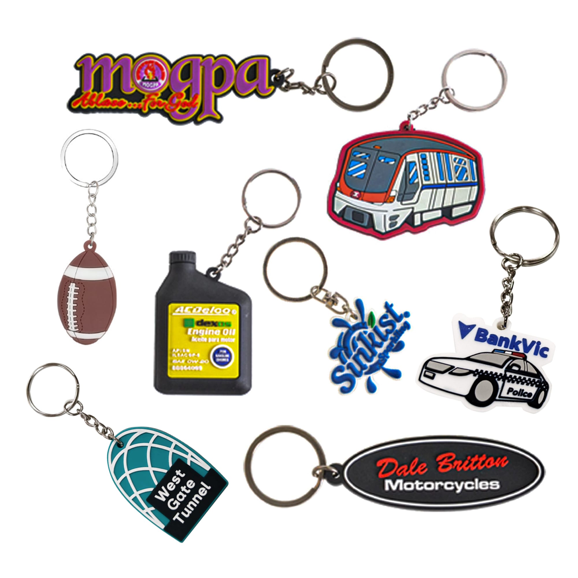 A collection of custom-shaped PVC keyrings in various designs and colours, including a football, oil can, and police car. Custom Shape PVC Keyring - Image 1
