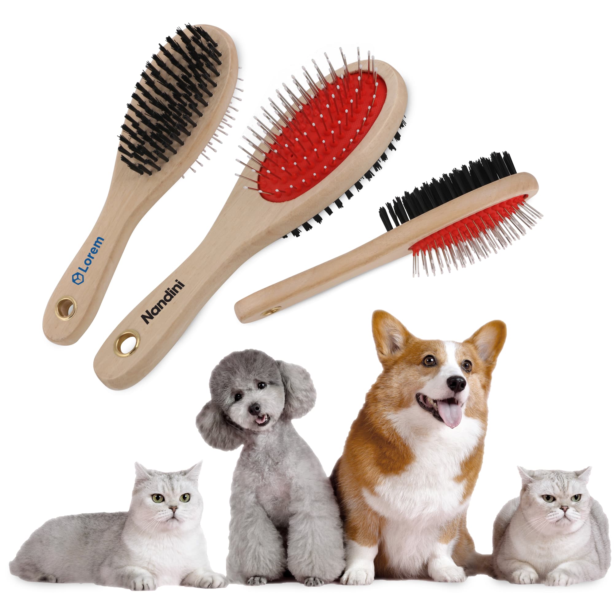 A set of three pet brushes in wooden handles, featuring black and red bristles, with two cats and a dog in the background. Pin and Bristle Pet Brush - Image 1