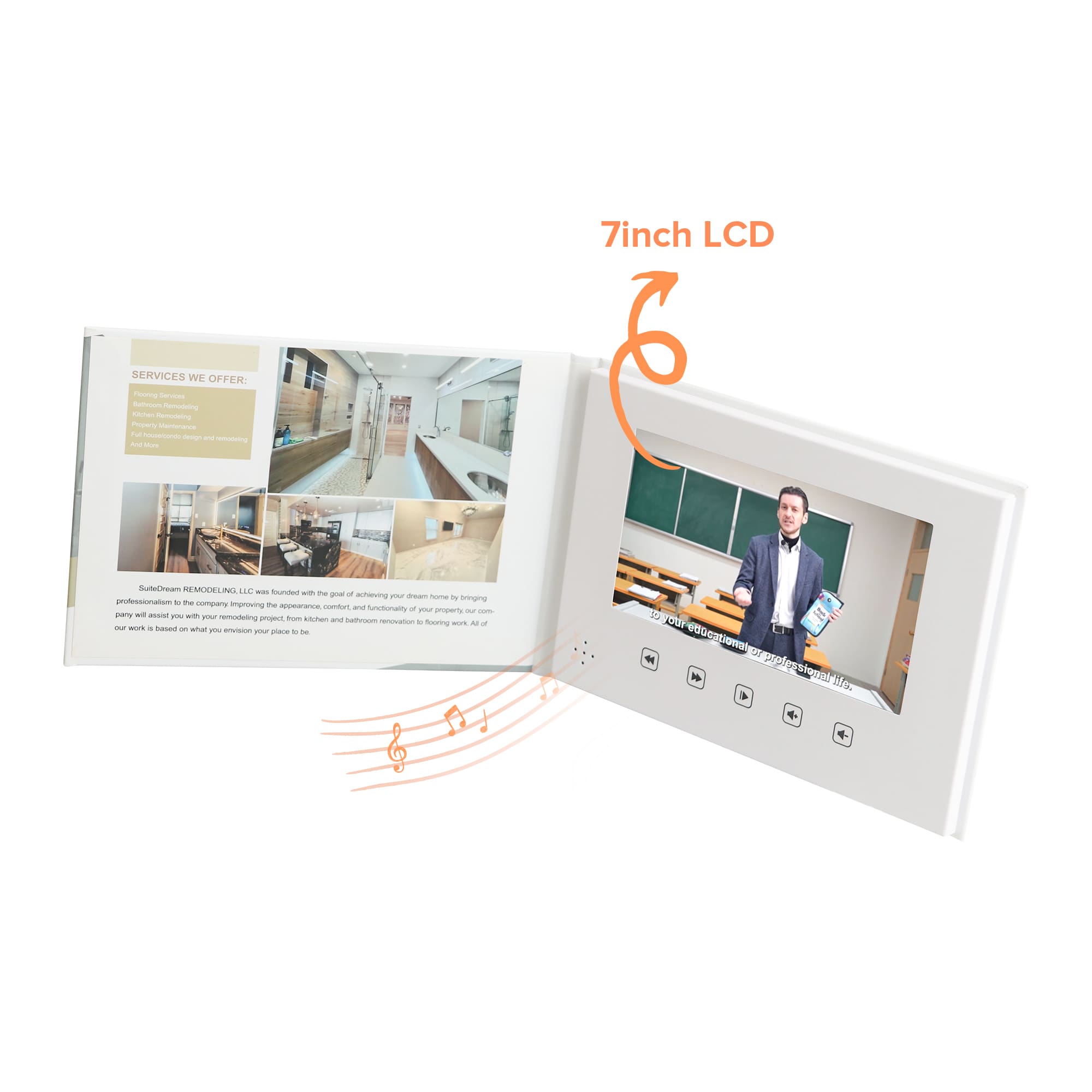 A 7-inch LCD video brochure with a white cover, featuring an interactive screen and various buttons underneath. 7inch LCD Video Brochure - Image 1