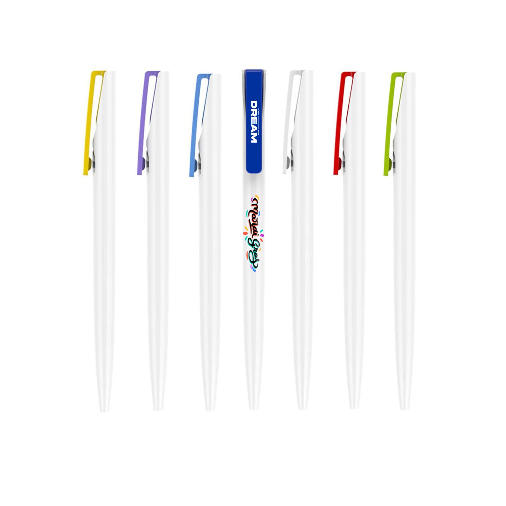 A set of plastic pens with creamy white barrels and colourful clips in yellow, purple, blue, and green, featuring a logo. Simple Pen - Creamy White Barrel - Image 1