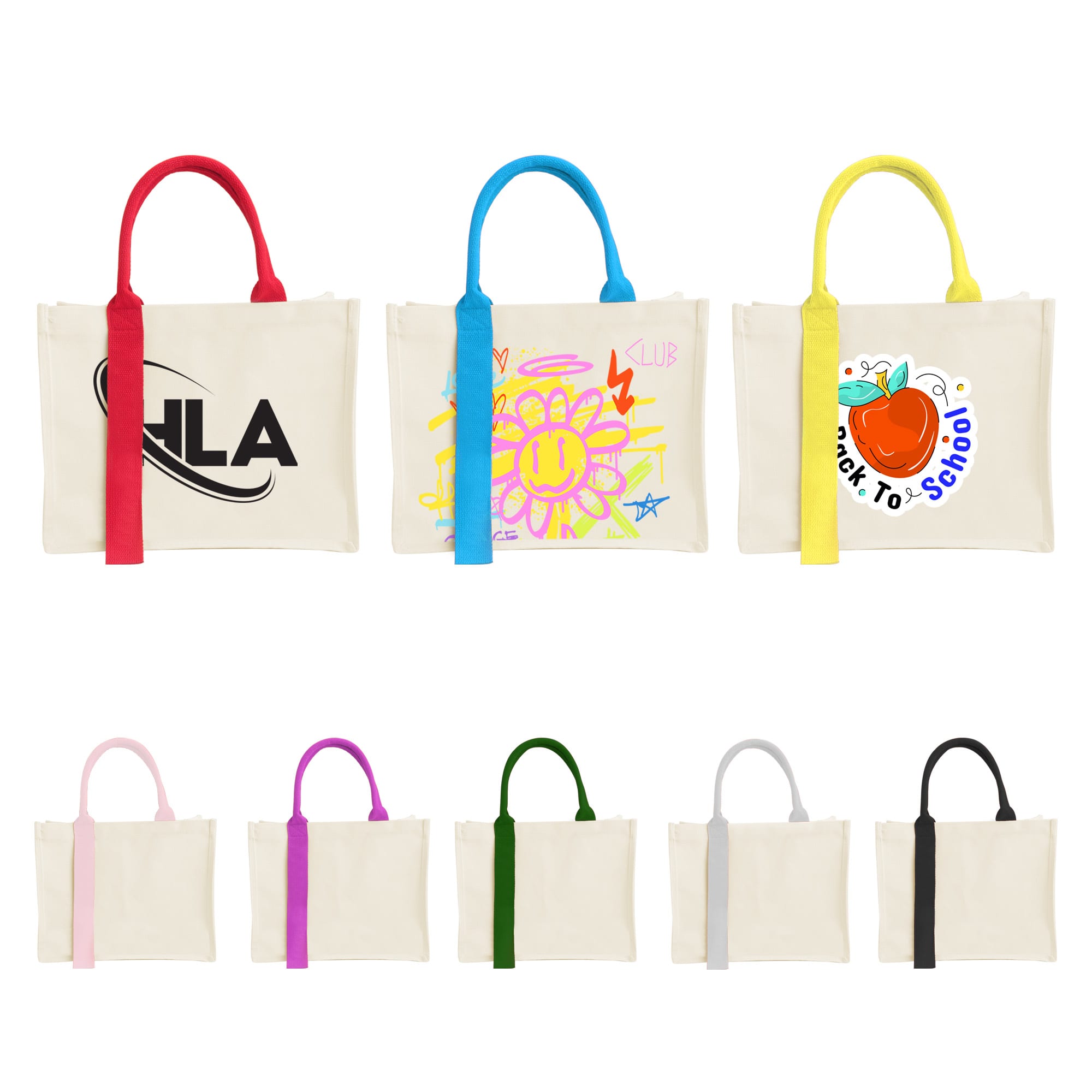 A collection of horizontal canvas tote bags in various colours, featuring different designs and logo placements. Horizontal Canvas Tote Bag - Image 1