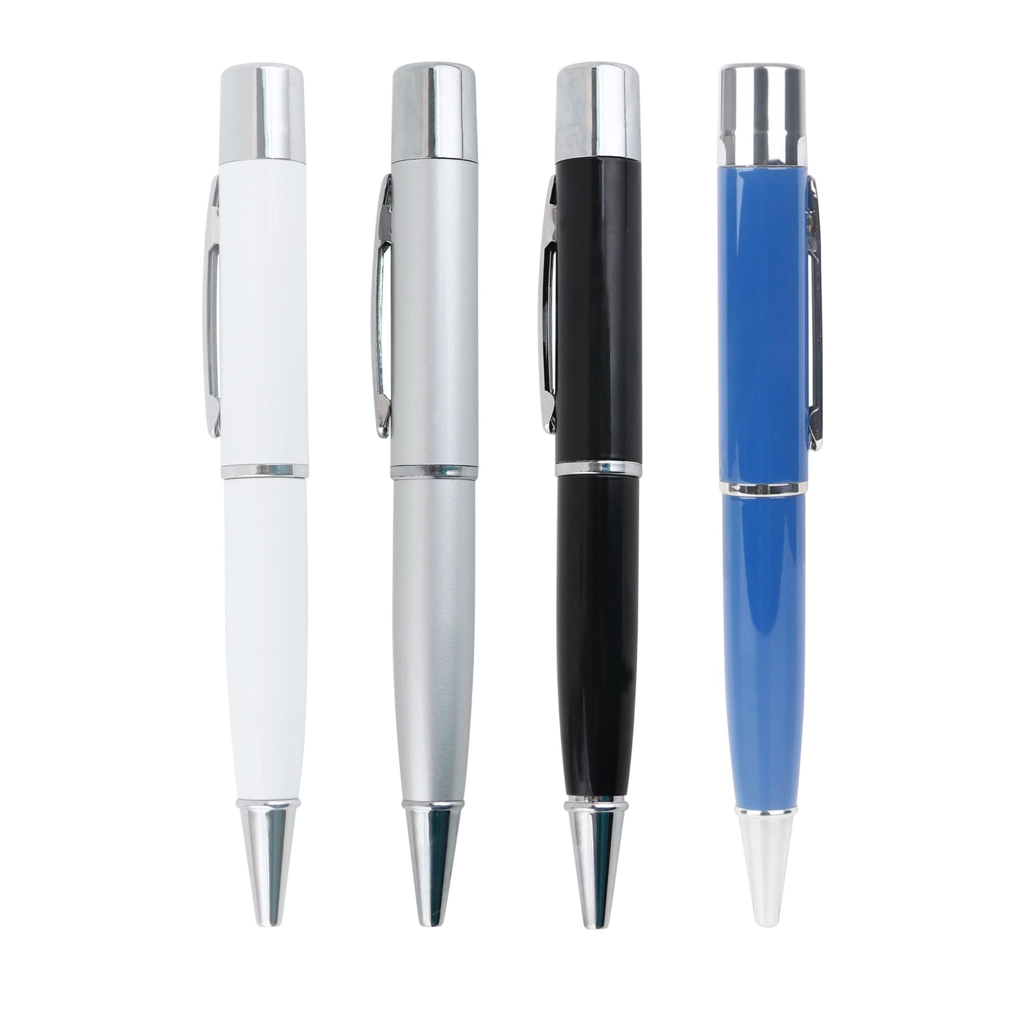 A collection of four metal pen flash drives in white, silver, black, and blue, featuring chrome accents. Metal Pen Flash Drive - Image 1