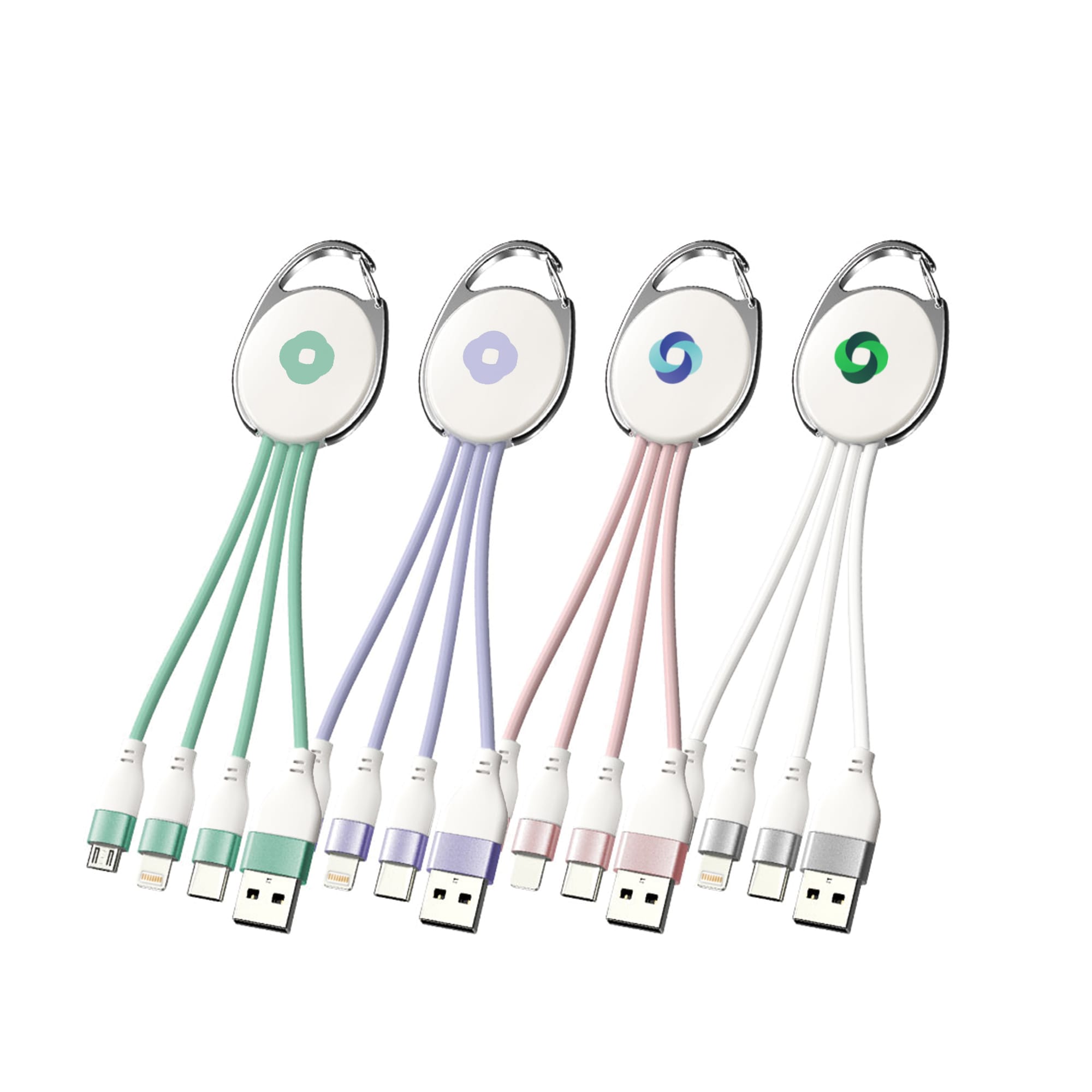 A 3-in-1 charging cable with a keyring, featuring green, purple, pink, and silver cables. Includes a logo on the keyring. Macarons 3 in 1 Charging Cable with Keyring - Image 1