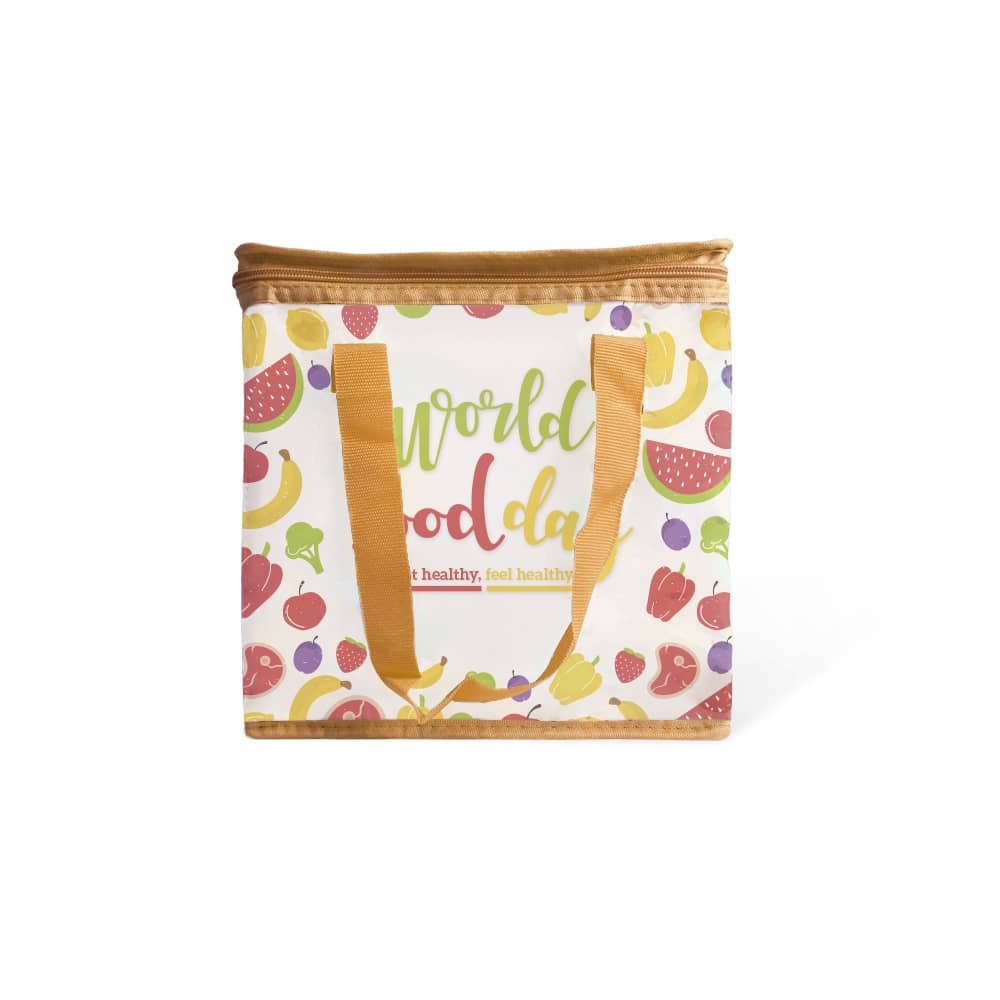 A colourful polyester cooler bag featuring fruit illustrations and gold handles, with a logo on the front. Polyester Cooler Bag - Full colour - Image 1