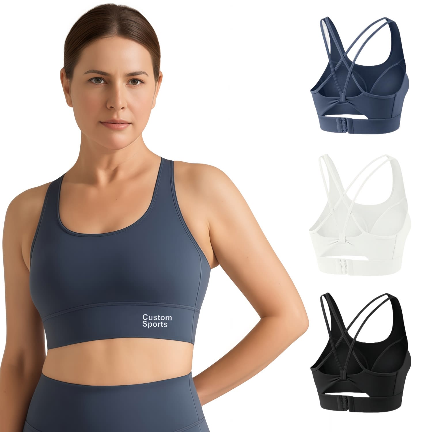 A women's cross back yoga crop bra tank in navy blue, white, and black, featuring a logo. Women's Cross Back Yoga Crop Bra Tank - Image 1