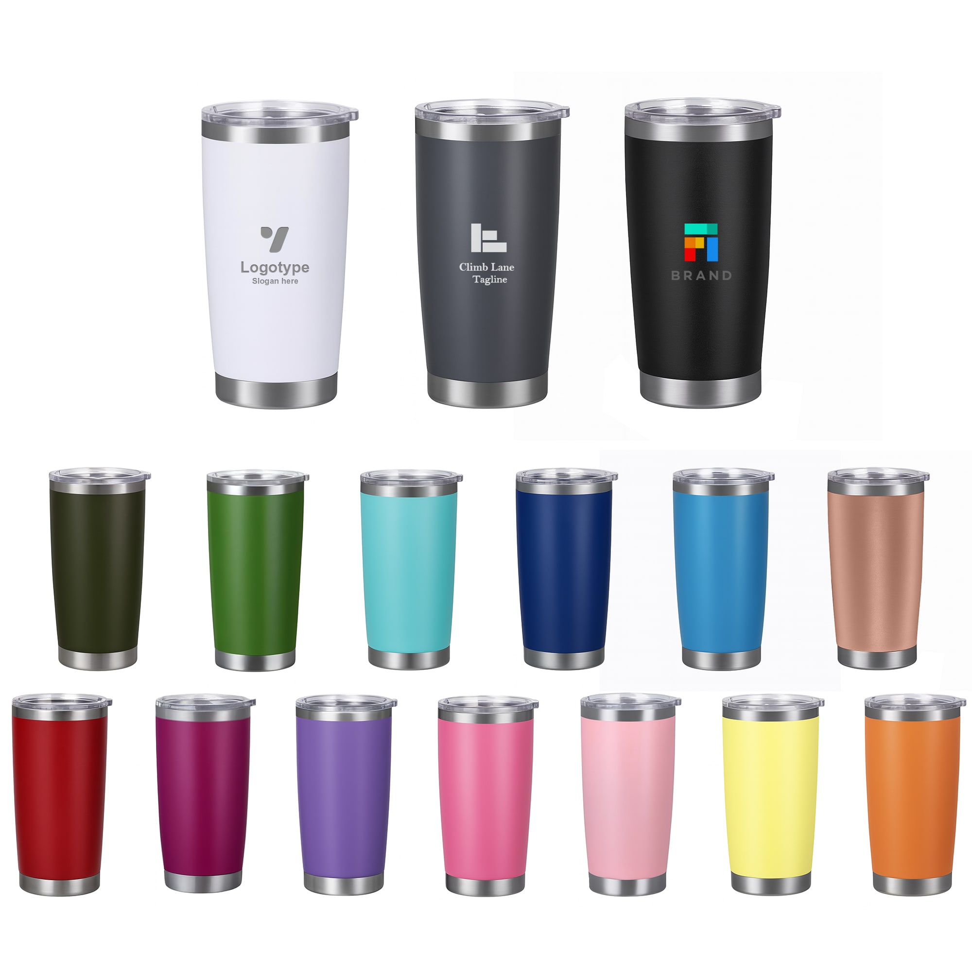 A collection of 600ML stainless steel double wall cups in various colours, featuring distinct logos on some. 500ML Stainless Steel Double Wall Cup - Image 1