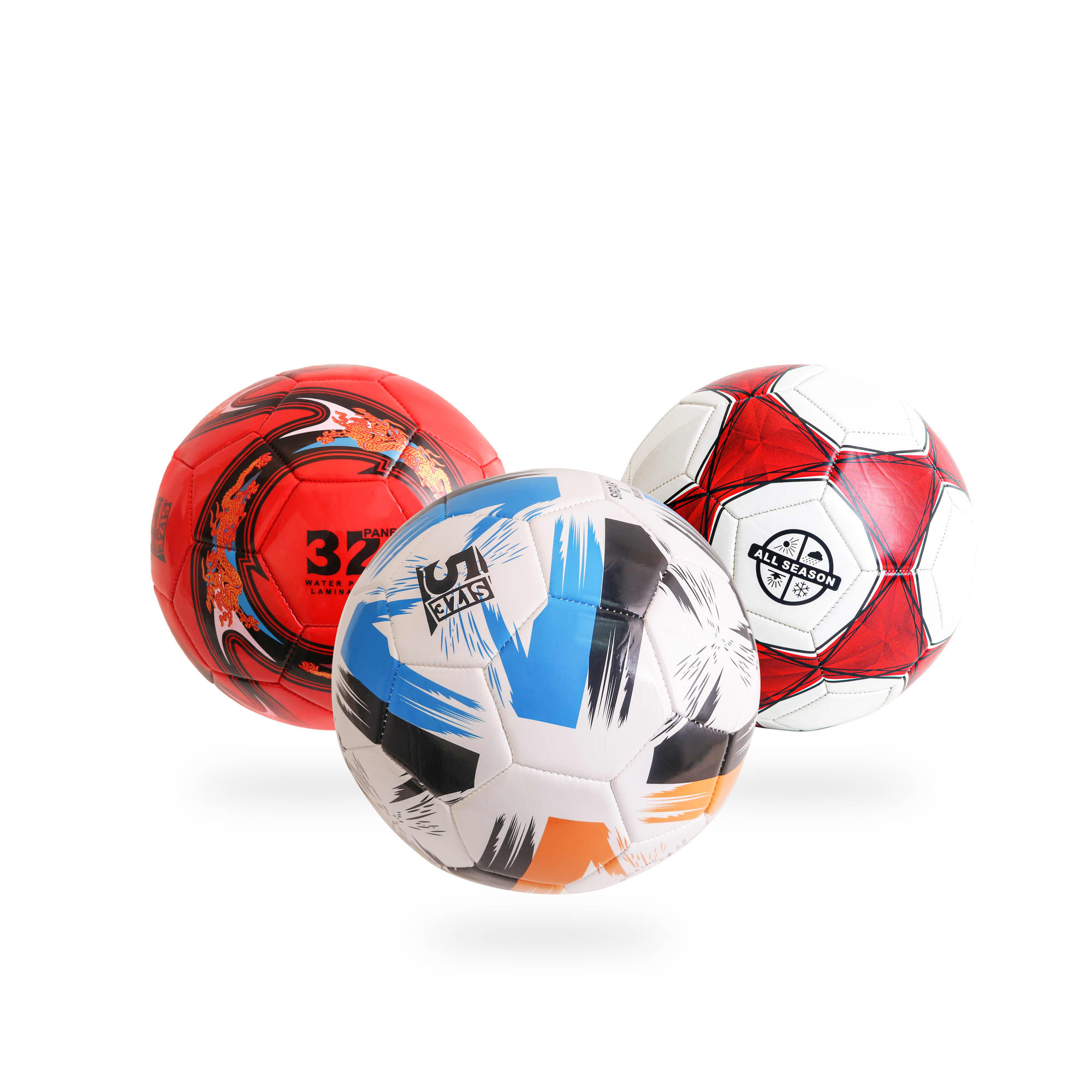 Three promotional soccer balls in red, white, and black, featuring various designs and logos. Promotional Soccer Ball - Image 1