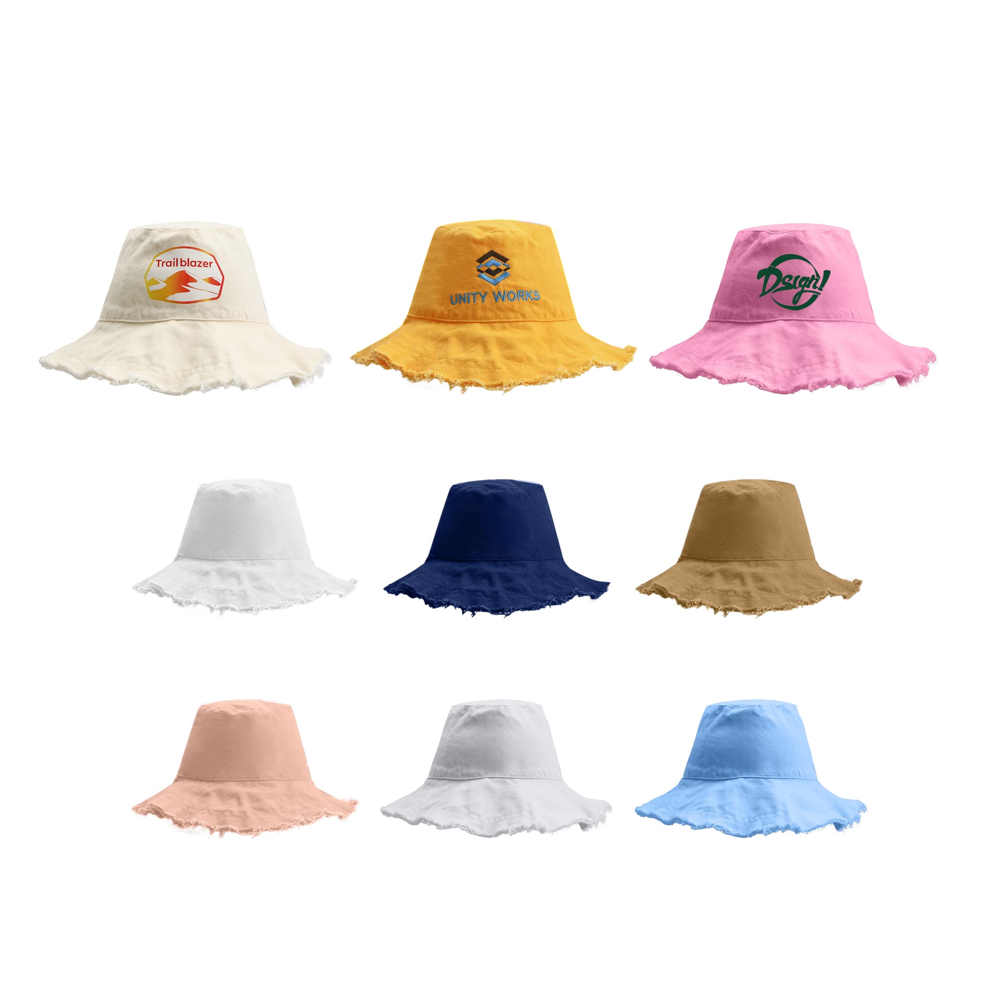 A collection of Raw Edge Bucket Hats in various colours, including pink, yellow, white, navy, and brown, featuring some logos. Raw Edge Bucket Hat - Image 1