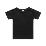 A black infant t-shirt with short sleeves and snap buttons at the shoulder. Includes a branding logo.