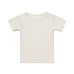 A light beige organic infant t-shirt with short sleeves and shoulder snaps, featuring a simple design.