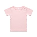 A pink organic infant T-shirt featuring a round neckline and snap button details on the shoulder.