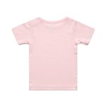 A pink infant t-shirt with a simple design and short sleeves, featuring a branding logo.