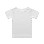 A white organic infant t-shirt featuring a snap button closure at the shoulder and a simple design.