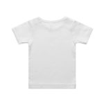 A white infant T-shirt with short sleeves and a plain back, featuring a logo.