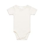 A cream-coloured infant one-piece with short sleeves and snap closures at the shoulder and bottom. It has a logo.