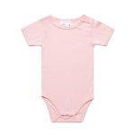 A pink organic infant one-piece with short sleeves and snap closures at the shoulder and bottom.