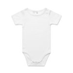 A white organic infant one-piece with short sleeves and snap buttons, featuring a simple, clean design.