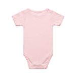 A light pink organic infant one-piece with short sleeves and a snap closure at the bottom. Features a logo.
