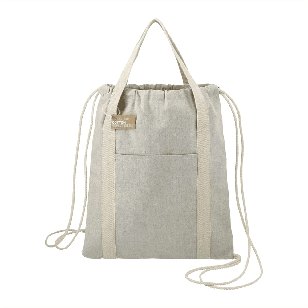 A light grey recycled cotton drawstring bag with a front pocket and dual handles. It features a logo on the label. Repose Recycled Cotton Drawstring Bag - Image 1